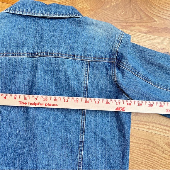 UPCYCLED MED-LT WASH DENIM JEANS JACKET PINK PAISLEY RIBBON AND CRYSTAL BUTTONS - Picture 8 of 10